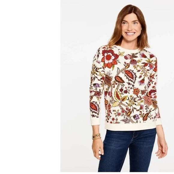 Talbots Tops - Talbots Blooming Jacobean Floral Crewneck Sweatshirt Ivory Red Orange Medium